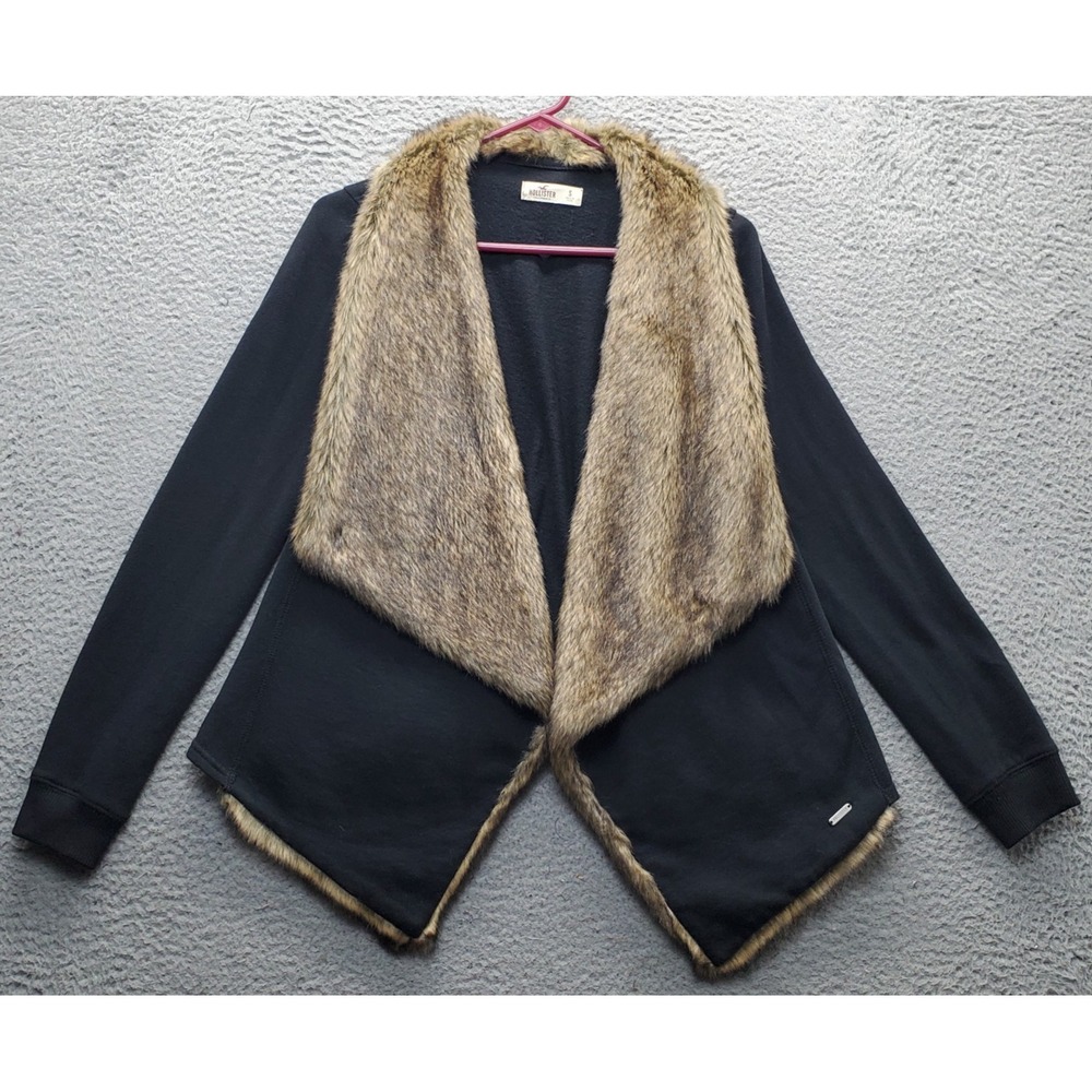 Hollister Drape Jacket Womens Small Black Cotton Faux Fur Collar Trim Open Front